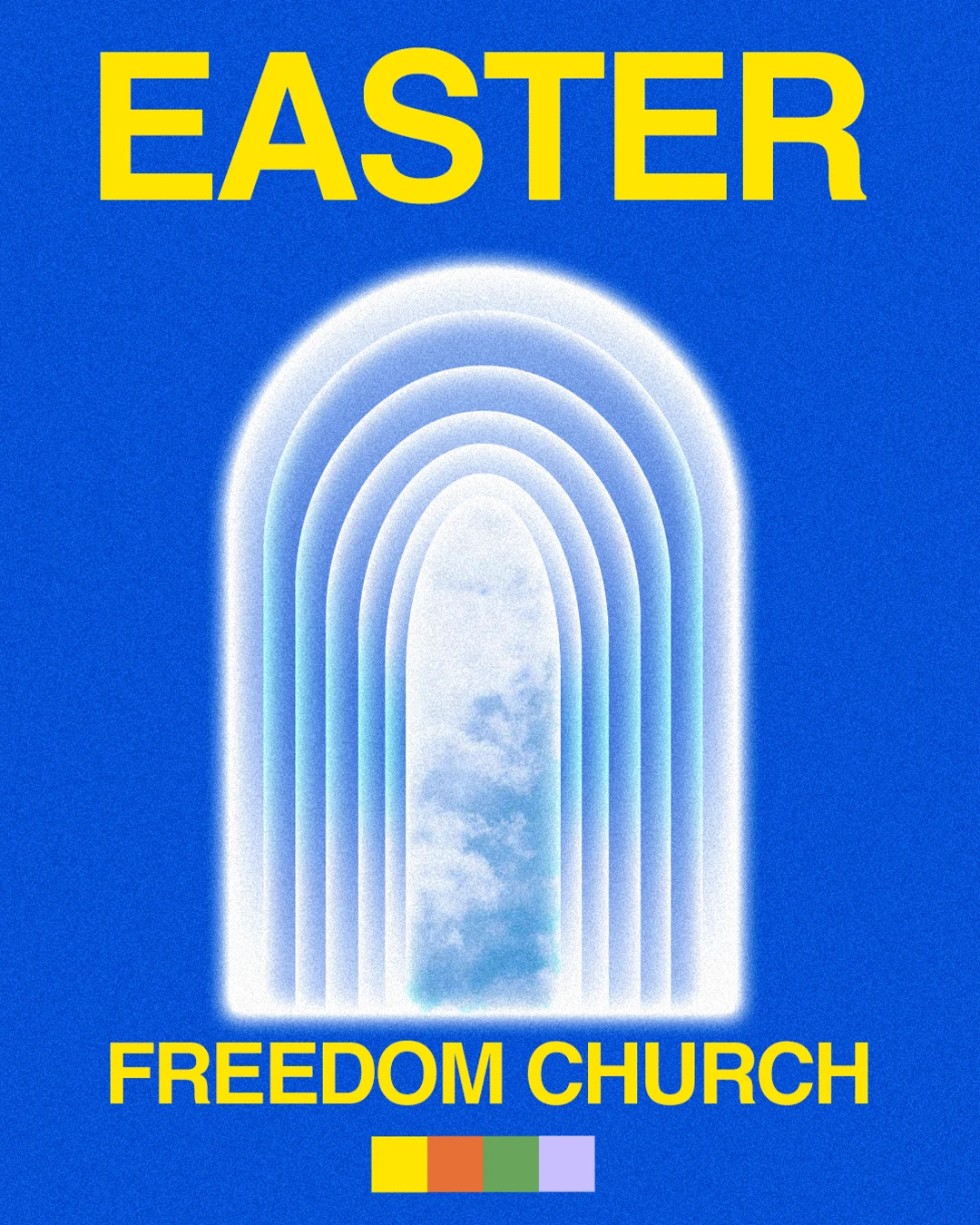 Easter poster — a blue portal arch opening onto clouds